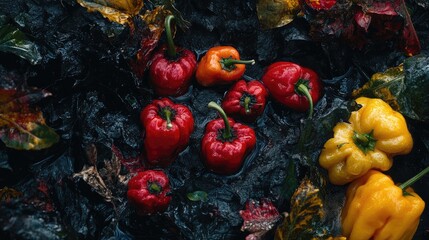 Poster - Overhead view of various colorful peppers surrounded by dark, moist leaves creating a vibrant and rich botanical composition