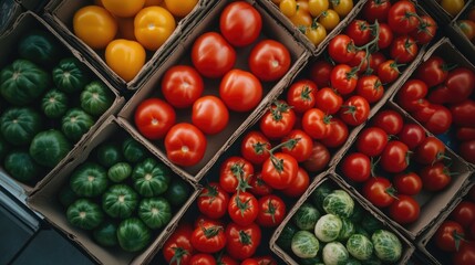 Poster - Overhead view showcasing a colorful assortment of fresh tomatoes in various shapes and sizes arranged in cardboard boxes