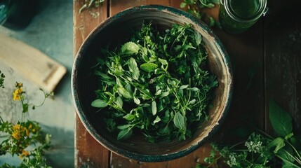 Aufkleber - Overhead view of fresh herbs in a bowl surrounded by greenery on a rustic wooden table.