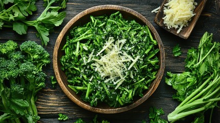 Poster - Overhead view of fresh green vegetables topped with grated parmesan cheese on a rustic wooden table with additional herbs scattered around