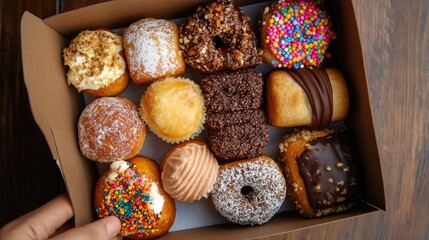 Poster - Assorted delicious pastries and desserts presented in a rustic cardboard box viewed from above