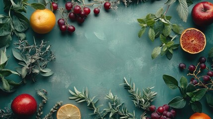 Poster - Overhead arrangement of fresh herbs and assorted fruits on a textured green background for culinary inspiration and healthy living concepts