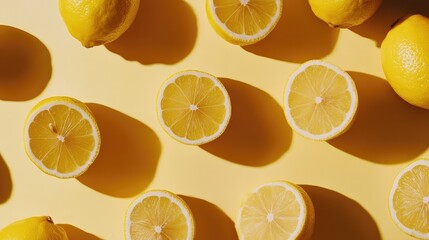 Poster - Fresh Lemons Whole And Sliced On Yellow Background Highlighting Bright Colors And Textures