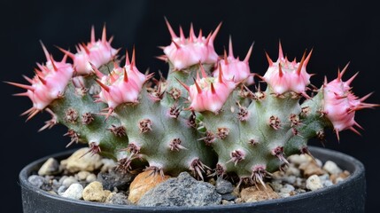 Poster - Pink Crown of Thorns Euphorbia with vibrant pink spines showcasing unique succulent features in a black pot on a textured surface