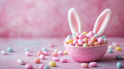 Poster - Cute pink Easter bunny ears bowl filled with colorful mini candy eggs on a pastel table with scattered candies in a festive celebration setting.
