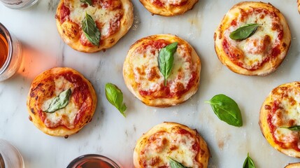 Poster - Overhead view of delicious homemade mini pizzas with fresh basil and drinks on a marble surface perfect for gatherings or parties