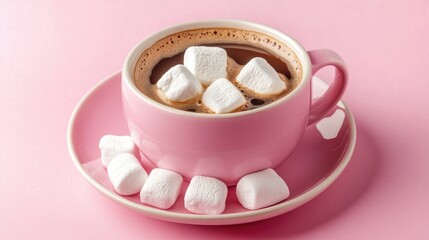 Poster - Pink coffee cup with marshmallows in bowl on soft pink background creating a cozy and inviting atmosphere for a sweet treat.