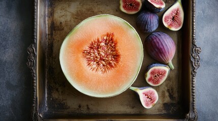 Aufkleber - Overhead view of a fresh cantaloupe half alongside figs on a vintage tray creating an elegant fruit display for culinary use.