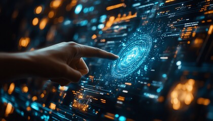 Poster - Closeup of a hand interacting with a digital interface, pointing at the center, showcasing touch technology with dynamic, hightech visuals and digital interfaces