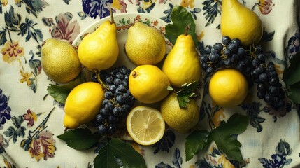 Aufkleber - Overhead view of fresh lemons pears and grapes arranged on a vibrant floral tablecloth in natural light