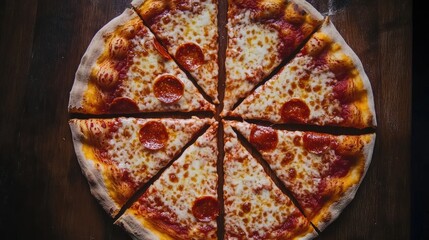 Aufkleber - Overhead view of an appetizing pepperoni pizza sliced into eight portions on a rustic wooden surface