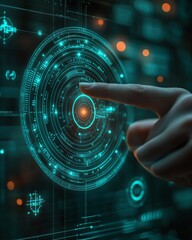 Poster - Closeup of a hand interacting with a digital interface, pointing at the center, showcasing touch technology with dynamic, hightech visuals and digital interfaces
