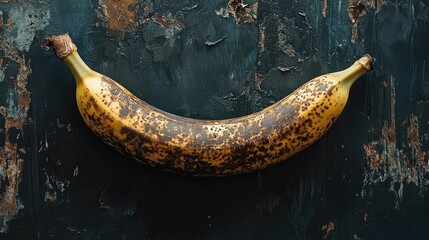 Aufkleber - Overripe banana on textured dark background showcasing unique coloration and surface details ideal for food and health concepts