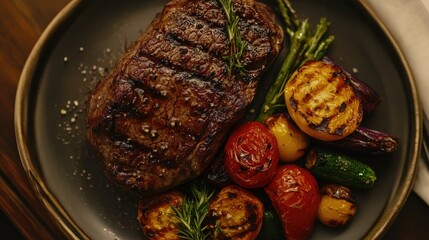 Aufkleber - Gourmet grilled steak served with colorful roasted vegetables and fresh herbs on a rustic plate for a fine dining experience