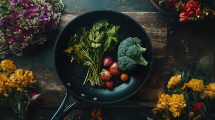 Aufkleber - Overhead view of fresh vegetables in a black pan surrounded by colorful flowers on a rustic wooden surface