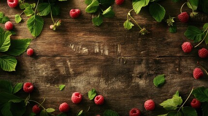Poster - Overhead view of fresh organic raspberries and green leaves on rustic wooden background