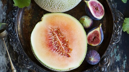 Aufkleber - Overhead view of fresh sliced melon and figs on a decorative tray showcasing vibrant colors and textures in natural light