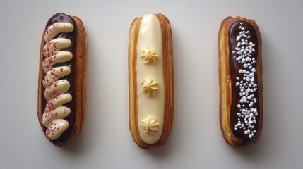 Poster - Overhead view of three delicious eclairs with different toppings on a neutral background