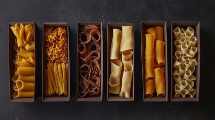 Aufkleber - Variety of dried tube pasta including paccheri, cannelloni, rigatoni displayed in elegant wooden boxes against a dark background.