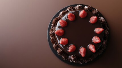 Aufkleber - Delicious chocolate cake with fresh strawberries elegantly arranged on top against a dark minimalist background