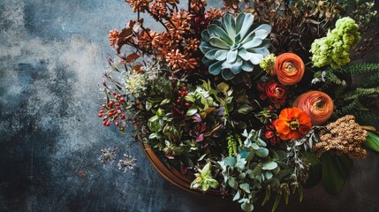 Poster - Overhead view of a colorful floral arrangement with succulents and seasonal foliage on a textured background