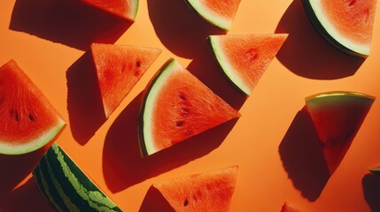 Poster - Overhead view of vibrant watermelon slices arranged on a bright orange background creating a fresh summer aesthetic