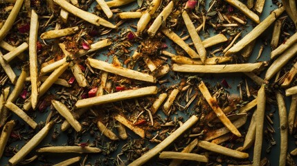 Aufkleber - Overhead view of seasoned fried potatoes with a vibrant mix of spices and herbs on a rustic surface