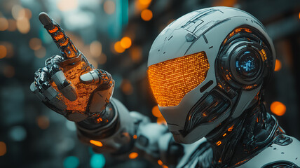 Poster - Cybernetic Visionary: Close-up of a futuristic robot's head and hand, its glowing visor and intricate mechanical details hinting at advanced artificial intelligence and technological prowess.
