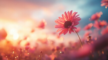 Poster - Vibrant Pink Chrysanthemum Blooming in a Sunlit Field with Soft Focus and Warm Light Effects