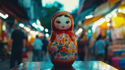 Nesting doll displayed at a vibrant market with blurred background showcasing local culture and craftsmanship in a lively atmosphere