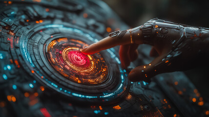 Poster - cybernetic fingertip: a close-up shot of a futuristic, cybernetic hand poised to activate a glowing,
