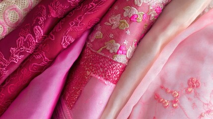 Poster - Elegant collection of pink fabrics showcasing detailed textures and intricate embroidery perfect for fashion and interior design backgrounds.