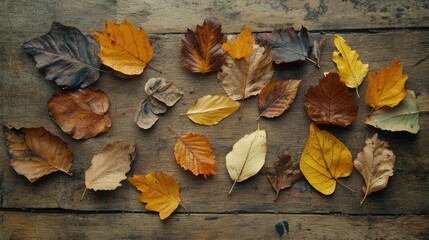 Aufkleber - Autumn leaves arranged on rustic wooden table showcasing a vibrant seasonal palette in overhead view