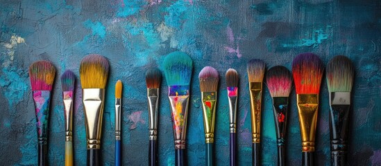 Aufkleber - Colorful paintbrushes aligned with bright paint samples on a textured background ideal for art project inspiration and creative planning