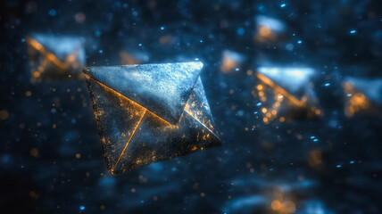 Poster - Crystalline Dreams:  A mesmerizing  abstract image of glittering crystal structures floating in a blue and gold ethereal space.  Each facet shimmers with an otherworldly glow.