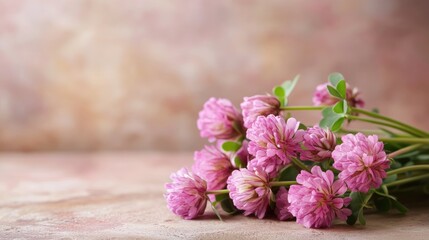 Aufkleber - Pink Clover Flowers Elegantly Arranged on a Rustic Table with Soft Blurred Background for Natural Aesthetic Themes