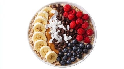 Aufkleber - Overnight oatmeal bowl topped with banana berries coconut chips and peanut butter on a white background from a top view perspective