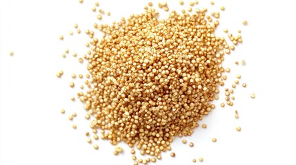 Poster - Fried quinoa grains scattered on a white background showcasing texture and color for culinary or health-related themes