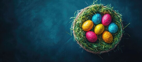 Aufkleber - Easter basket with colorful eggs and green grass on dark background ideal for holiday celebration and planning inspiration