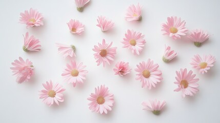 Poster - Pink daisies scattered artistically on a clean white background creating a fresh and delicate floral arrangement perfect for design use