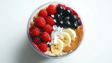 Aufkleber - Overnight oatmeal topped with banana berries coconut chips and peanut butter against a white background viewed from above