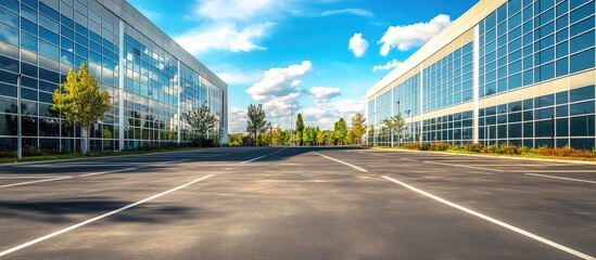 Poster - Business office building perspective highlighting modern architecture and accessibility from an adjacent parking lot with clear blue skies.