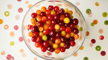 Poster - Bowl of Fresh Cherries Displayed Over Colorful Dots Background in Overhead View