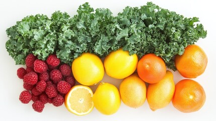 Poster - Colorful assortment of fresh fruit and kale arranged in an overhead view showcasing healthy eating and vibrant nutrition choices.
