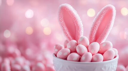 Aufkleber - Pink bunny ears and pastel candy eggs in a decorative bowl on a soft blurred background celebrating Easter festivities.