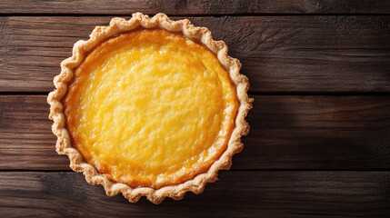 Poster - Overhead view of freshly baked tart on rustic wooden table showcasing golden filling and flaky crust ideal for culinary themes and desserts