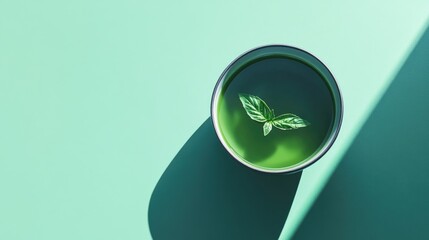Aufkleber - Minimalist overhead shot of a green soup with basil leaves in a bowl on a light green background showcasing simplicity and freshness