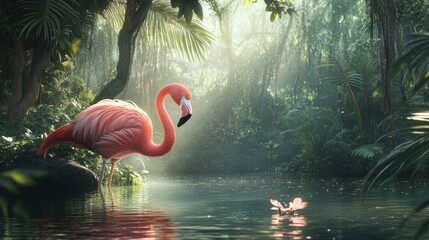 Poster - Majestic pink flamingo standing gracefully by a serene pond surrounded by lush greenery and soft sunlight in a tranquil natural habitat