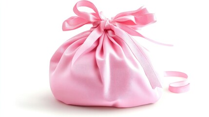 Poster - Elegant pink satin gift bag with ribbon isolated on white background suitable for presents or special occasions.