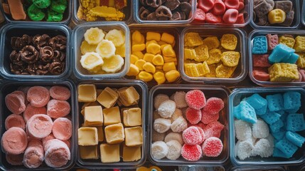Poster - Colorful assortment of sweet treats in containers arranged on a table creating a vibrant and inviting overhead view of confections.
